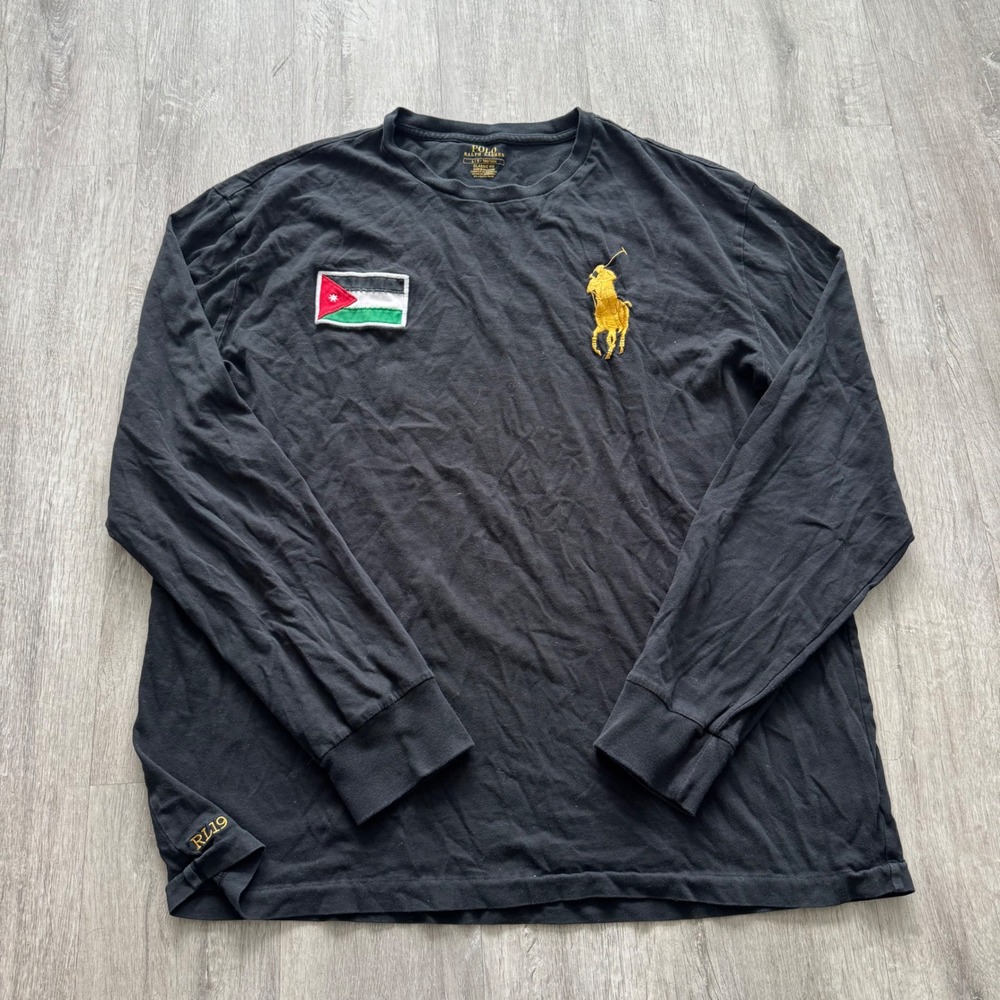 Polo Ralph Lauren Men L Black Gold Pony Jordan Flag Abdalla Long Sleeve T-Shirt